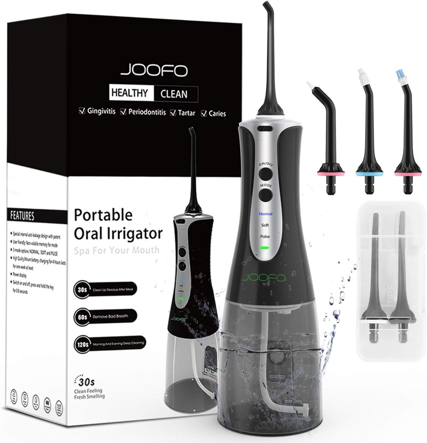 Water Flosser,JOOFO Cordless Water Flosser Teeth Cleaner for Anti Leakage,3 Modes and 5 Jet Tips,300ML Portable&Rechargeable IPX7 Waterproof Oral Irrigator for Home,Travel,Office (Black)