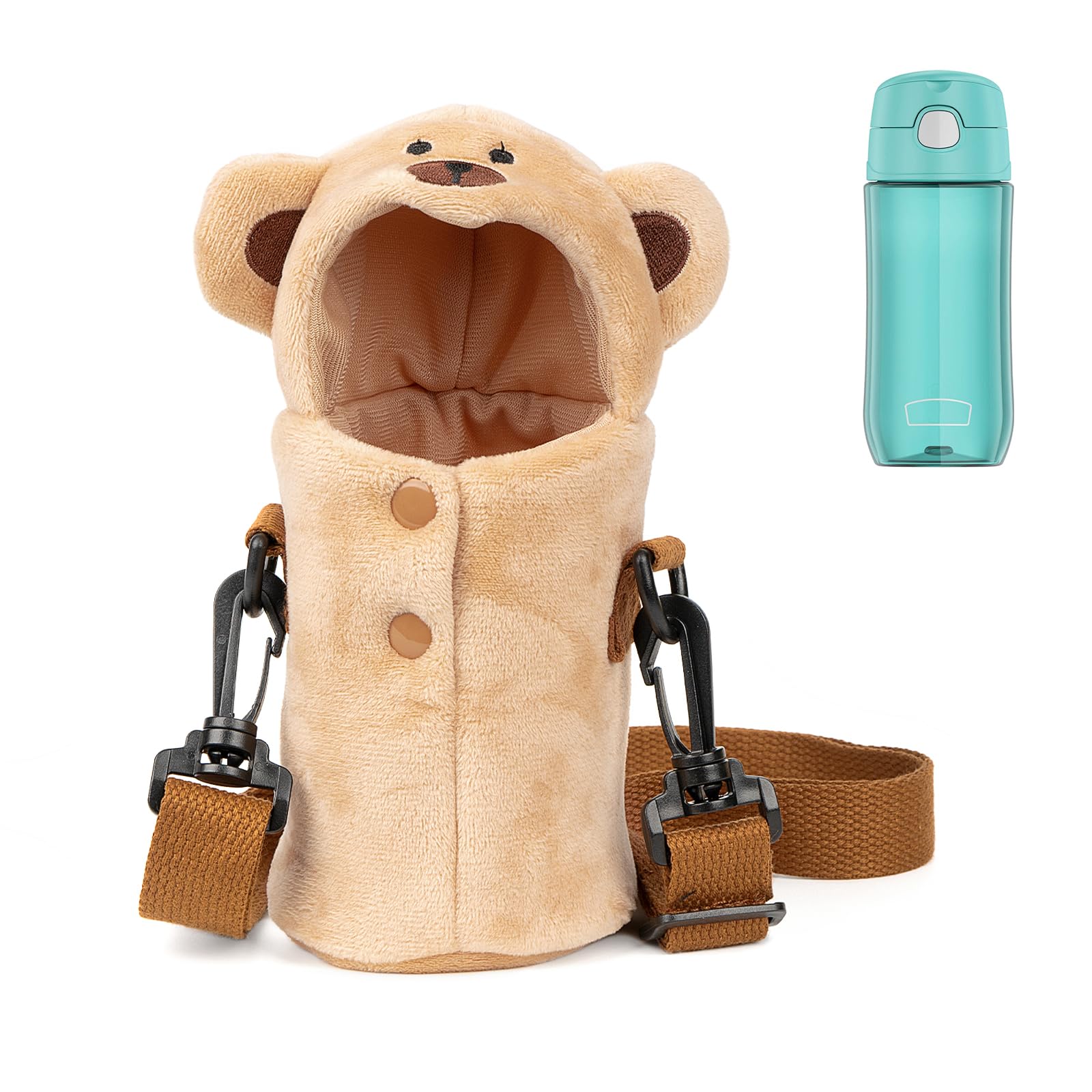 Linkidea Plush Water Bottle Carrier Compatible with Thermos FUNTAINER Steel/Tritan 12oz/16oz, Warm Bear Waterbottle Sling Bag Holder with Shoulder Strap — image 1