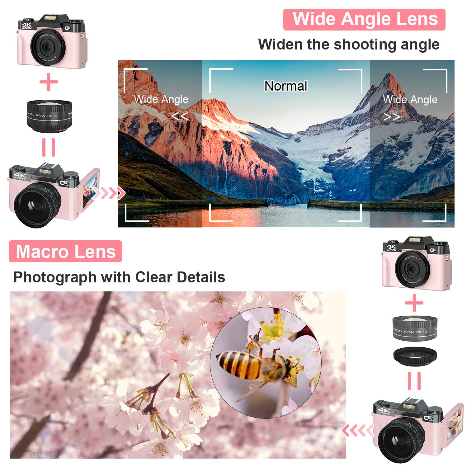 Digital Cameras for Photography, 4K 56MP Vlogging Camera for YouTube with WiFi, Manual Focus, 16X Digital Zoom, 52mm Wide Angle Lens & Macro Lens, 32GB TF Card and 2 Batteries(Pink)