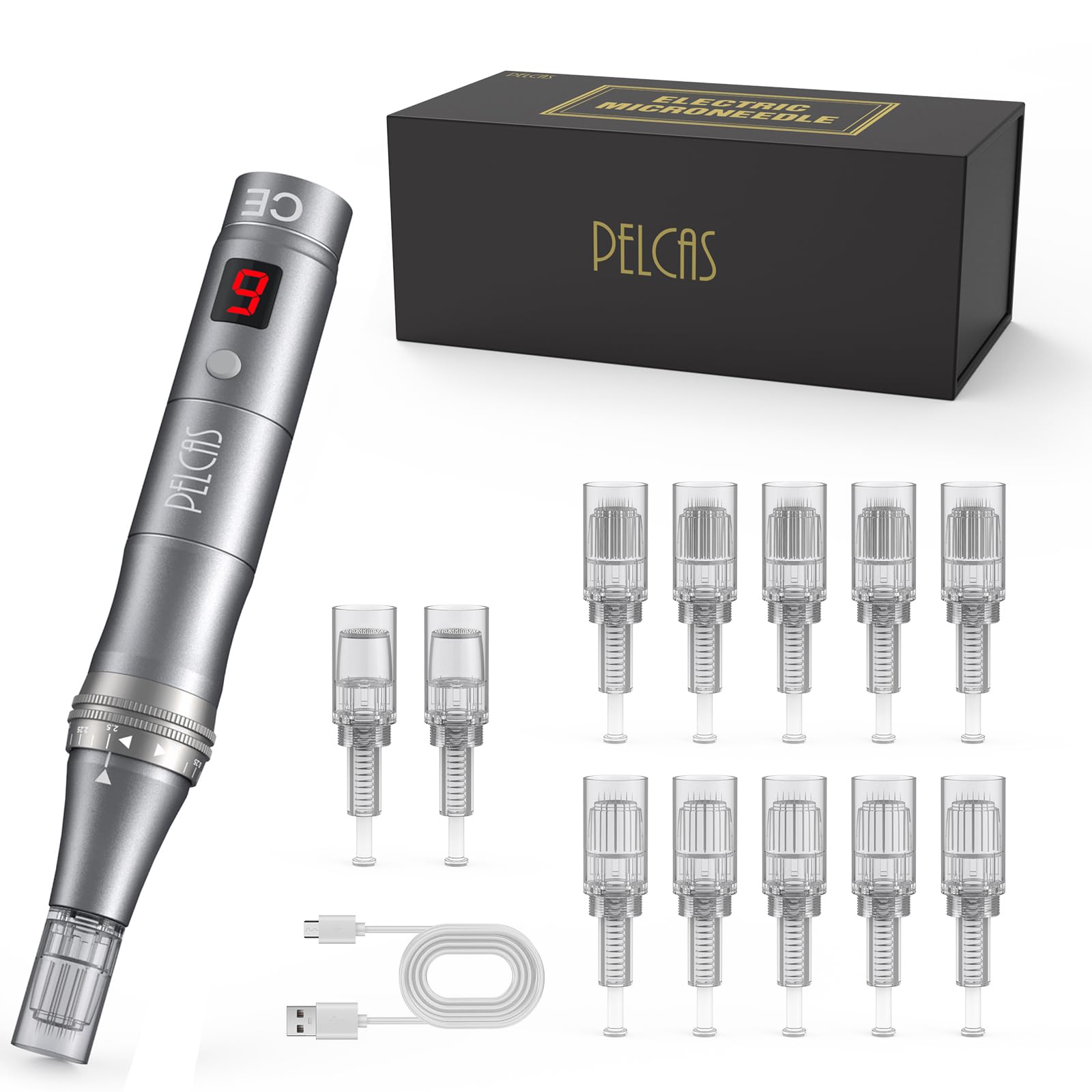 PELCAS 9-Speeds Microneedling Pen LCD Screen Dermapen with 12Pcs Cartridges Type-C Rechargable Electric Derma Penfor Face Body Beard Hair and Skin Care-Black