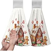 Kwlegh Christmas Gingerbread Man Hanging Kitchen Towels Cookies Candy Cane Hand Towel with Hanging Loop Ginger Bread House Dish Towels Xmas Soft Absorbent Fingertip Bath Tea Towel Decor Set of 2