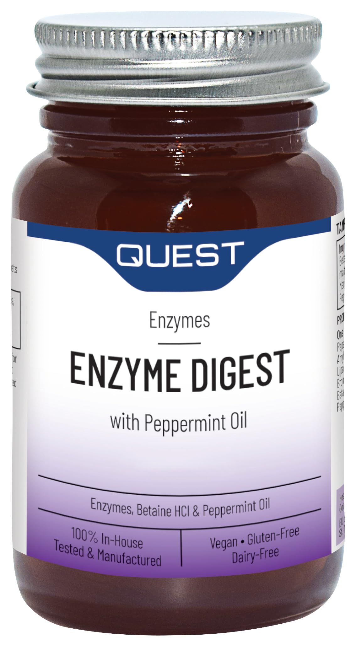Quest Enzyme Digest with Peppermint Oil & Betaine. 180 Vegan Tablets for Bloated Stomach and Indigestion. Dairy and Gluten Free Enzymes Digestion Supplement for Bloating and Heartburn Relief (1 Pack)