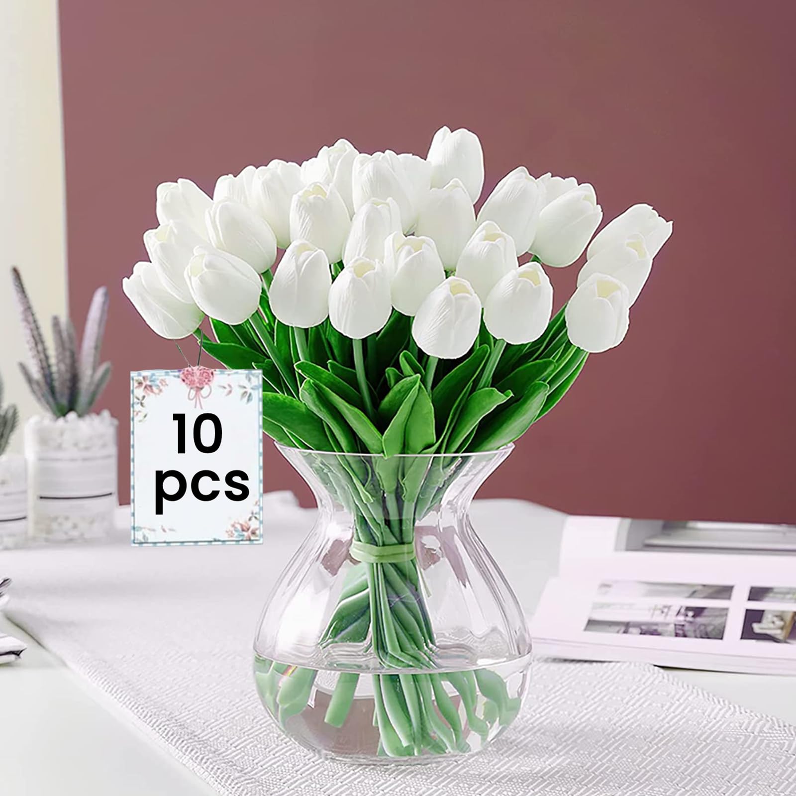 Siganorpy 10 Pcs Artificial Tulips Flowers Fake Flowers Latex Tulips Real Touch for Party Home Wedding Decoration Room Wedding Home Decor (White)