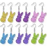 6PC Easter Peeps Bunny Earring Set Sparking Rabbit Dangle Earrings Colorful Wooden Rabbit Earrings Bulk Cute Easter Earring for Women Jewelry Accessorie