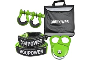 BOUPOWER Off Road Winch Recovery Kit with 3" x 8' Tree Saver + 3" x20' Tow Strap, 10 Ton Snatch Block Pulley with 3/4" D Ring Shackles and Winch Line Dampener Bag for Truck Car SUV ATV Green
