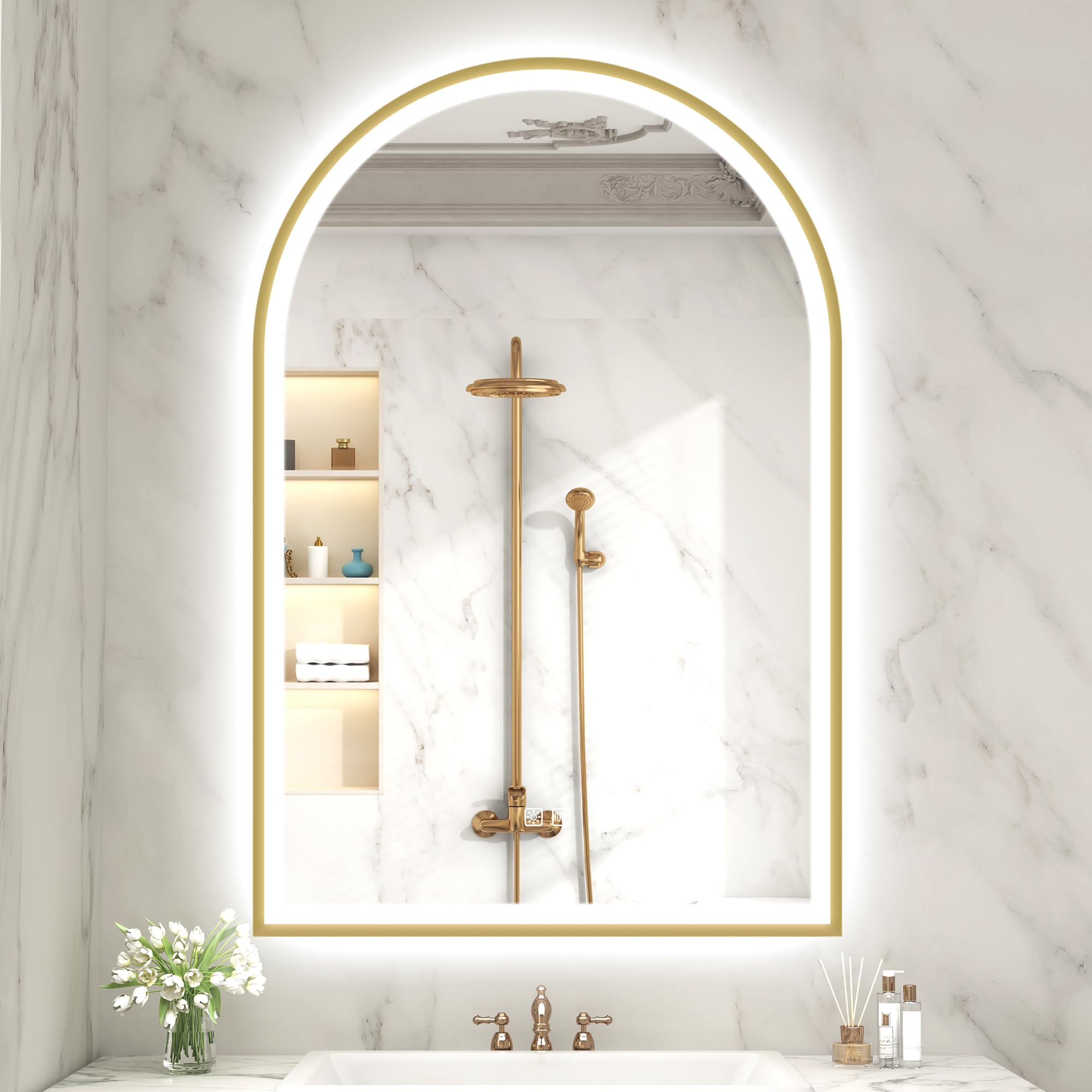 Photo 1 of **LIGHT IS NON FUNCTIONAL** S'bagno 24x36 Arched Gold LED Mirror for Bathroom with Frontlit & Backlit, LED Bathroom Mirror with Metal Frame, Anti-Fog, Stepless Dimmable, 3 Color Temperature Vanity Mirror