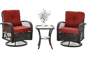 VONZOY 3 Pieces Patio Furniture Set, Outdoor Swivel Glider Rocker, Wicker Patio Bistro Set with Rocking Chair, Thickened Cushions and Table for Porch (Red)