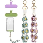 Jspupifip 2 PCS Boho Macrame Phone Wrist Strap, Cute Cell Phone Lanyard with Tether Tab Floral Smartphone Wristlet Bracelet Keychain Anti Theft Strap for Women (Purple and Green)