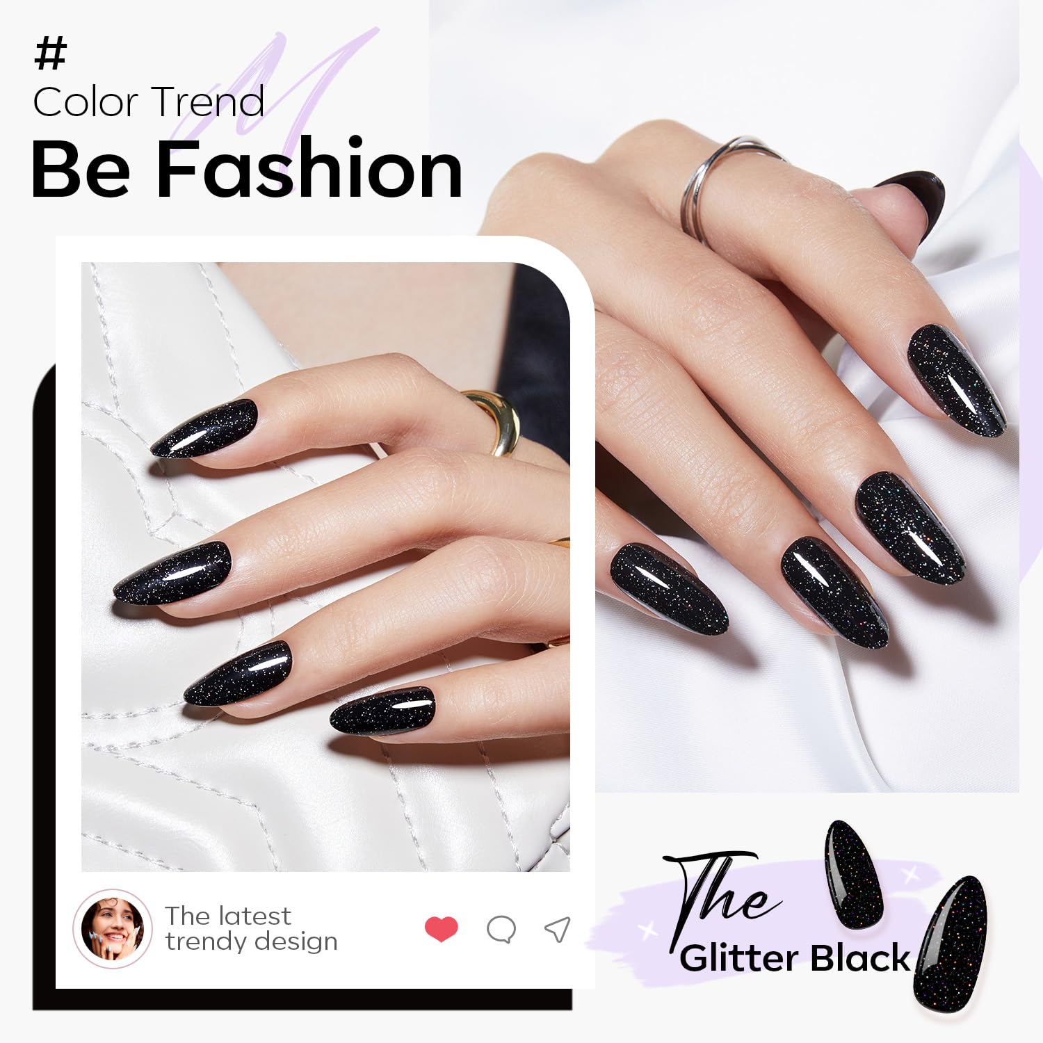 Modelones 32Pcs Sparkle Black Press on Nails Almond, Glitter Short Almond Fake Nails, Reusable Nail Kit with Nail Glue Adhesive Tabs Mini Nail File, Nails Press Ons 16 Sizes - Image 3