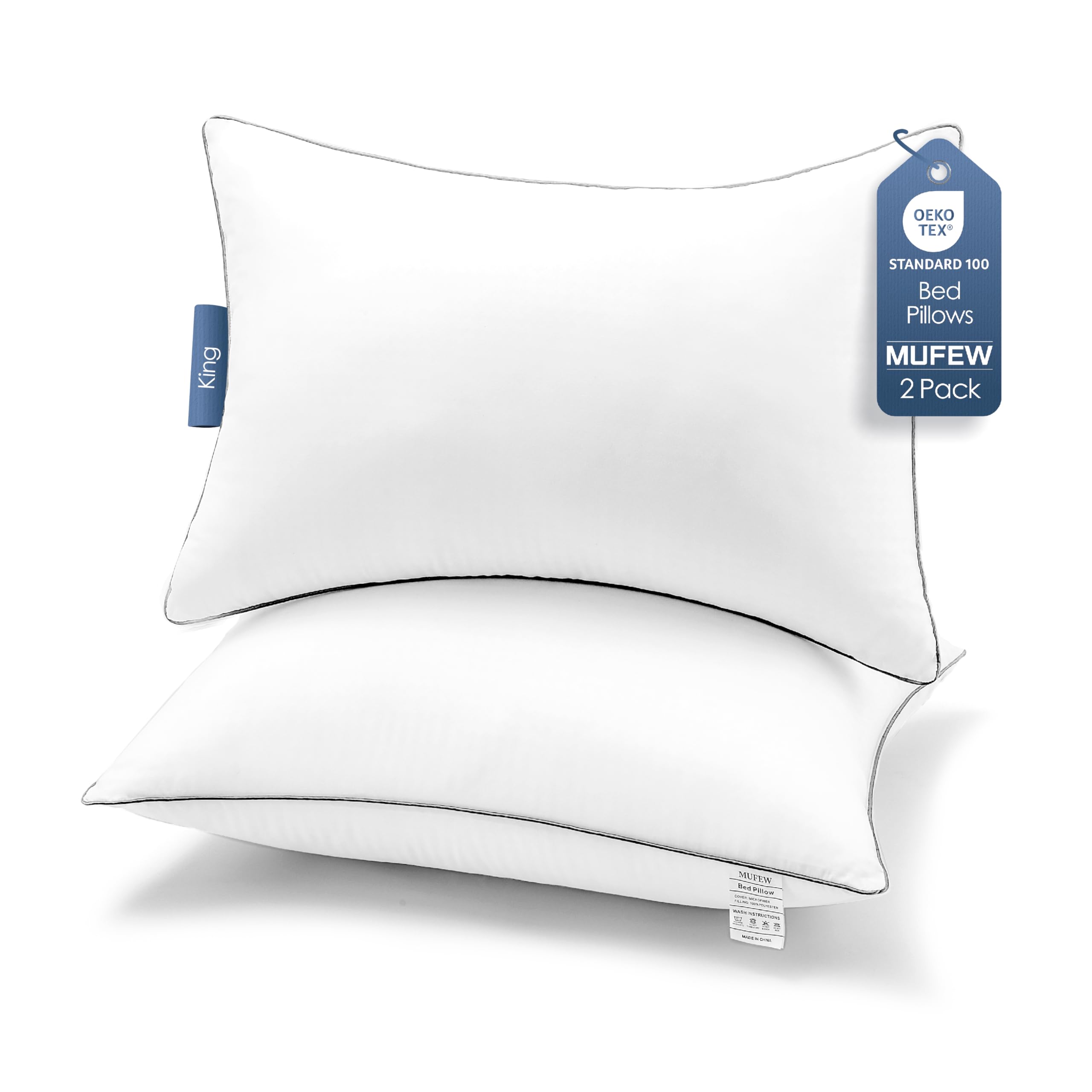 MUFEW King Size Pillows Set of 2, Ultra Thick Down Alternative Bed Pillows,Cooling Hotel Quality King Size Pillows for Back, Stomach or Side Sleepers,Machine Washable(White,2 Pack)