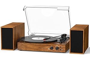 DANFI AUDIO DF Vinyl Record Player with External Stereo Speakers, Vintage Bluetooth 3-Speed Turntable with Dual Stackable Speakers, PC Recording Vinyl to Digital, RCA-Out& AUX-in, Retro Wood