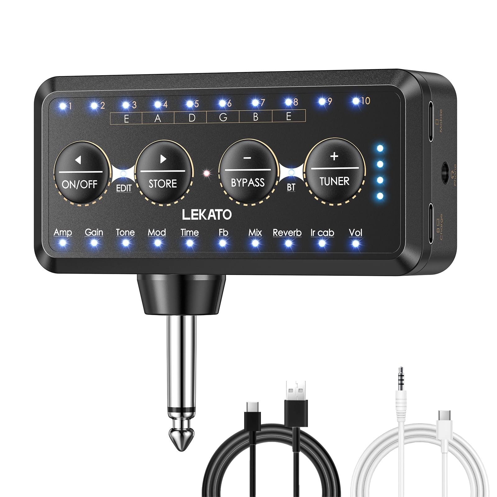 ギターヘッドフォンアンプ Bluetoothミニプラグ 10つのアンプモデル チューナー付き エフェクト付き LEKATO インレイマルチエフェクトディレイリバーブコーラスオーバードライブ 充電式 エレクトリックギター用 USBエクスポート商品画像