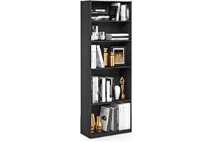 Furinno JAYA Book shelf, 5-Tier Bookshelf, Bookcase with Adjustable Shelves, 9.5 x 24.5 x 71.2, for Living Room, Bedroom, Home Office, Blackwood