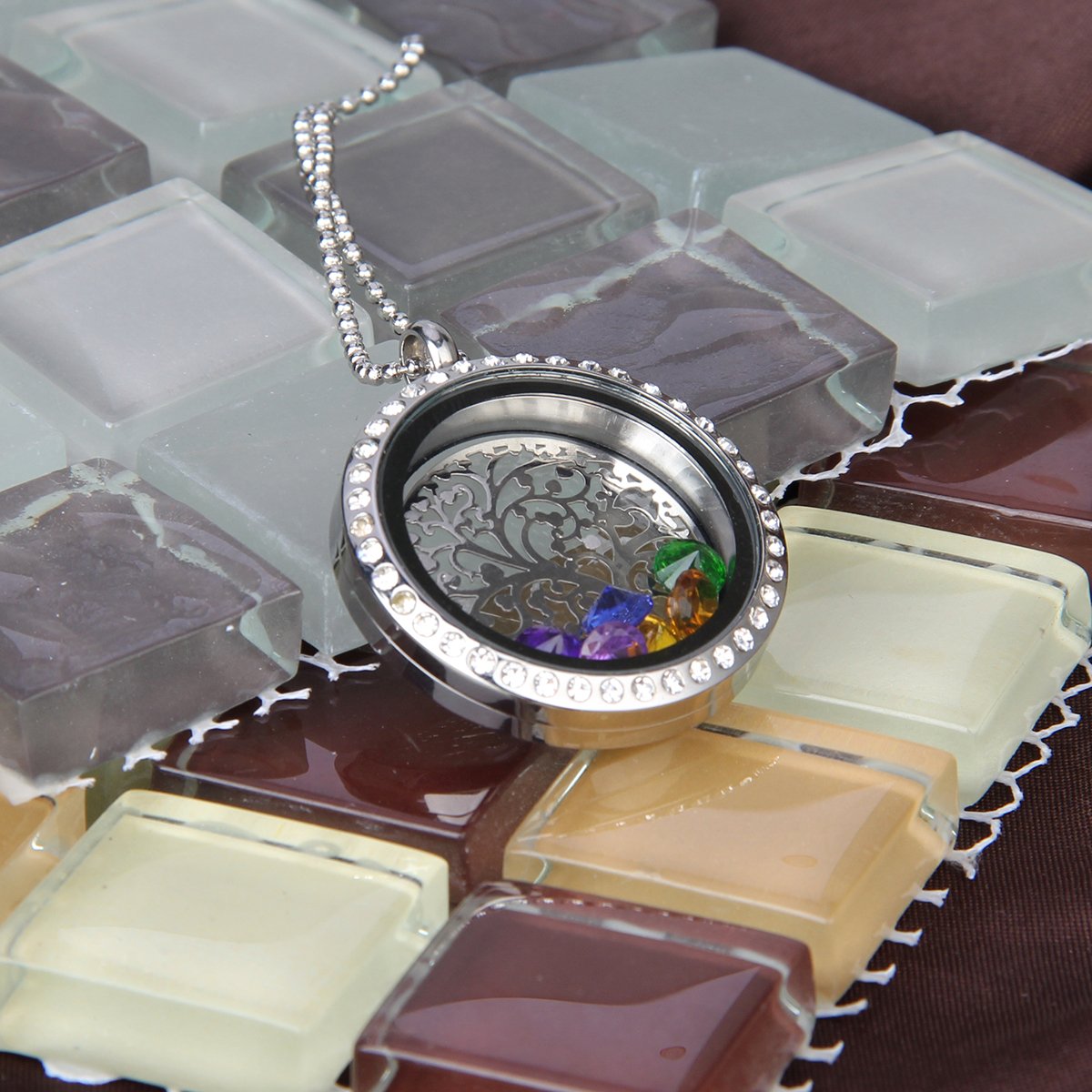 EBOETA Birthstone Pendant Necklace Floating Charm Locket Necklace Gifts for Mom Grandma Sister Friends