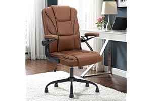 SEATZONE Comfy Office Chair Ergonomic Desk Chairs with Wheels and Flip-up Arms, Cushion Desk Chair with Back Support Brown Leather Office Chairs for Long Sitting Hours, Camel