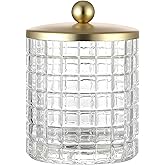 Indecor Home Clear Tranparent Apothecary Etched Geometric Grid Glass Jar W/Gold Metal Lid Cover for Bathroom Organization, Cotton Balls, Q Tips, and Small Accessories, Bathroom Storage