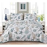 Jarson Summer Beach Bedspreads Set Seashell Conch Coverlet Sets King Size,3Pcs Lightweight Coastal Quilts Starfish Seahorse Seaweed Printed Bedding Pillow Shams