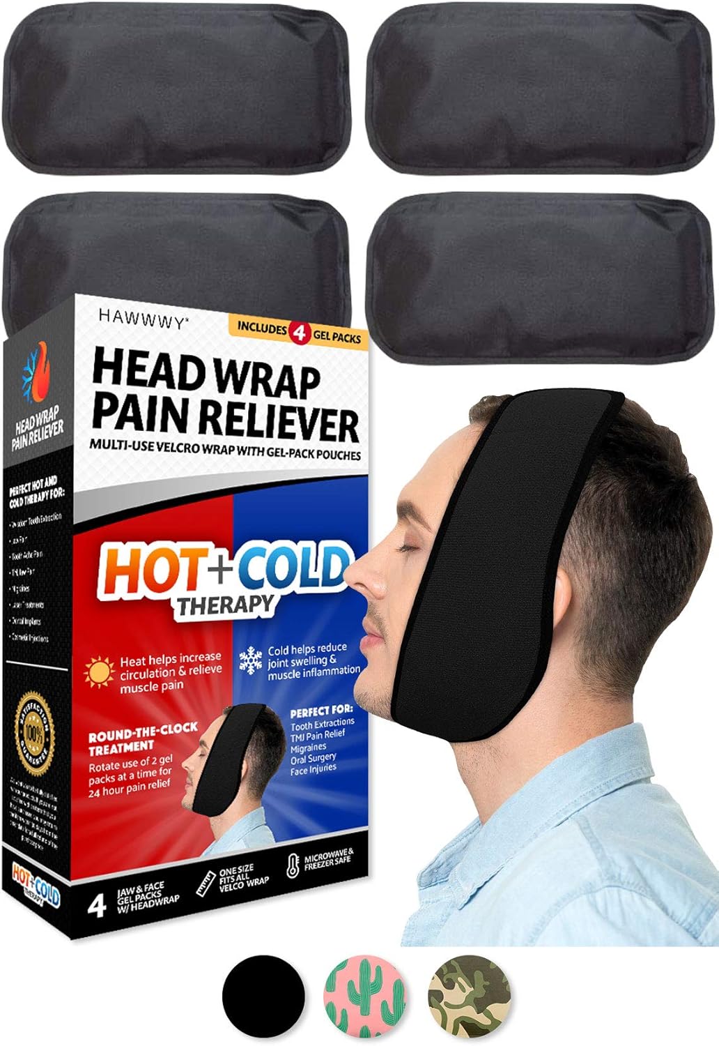 Hawwwy Head Wrap Pain Reliever (1 Wrap, 4 Reusable Hot Cold Gel Packs) Used for Wisdom Teeth Tooth TMJ Splint Face Chin Head Oral Surgery Headache Migrane Jaw Dental Relief Heating Pad Ice Pack Cactus: Health & Personal Care