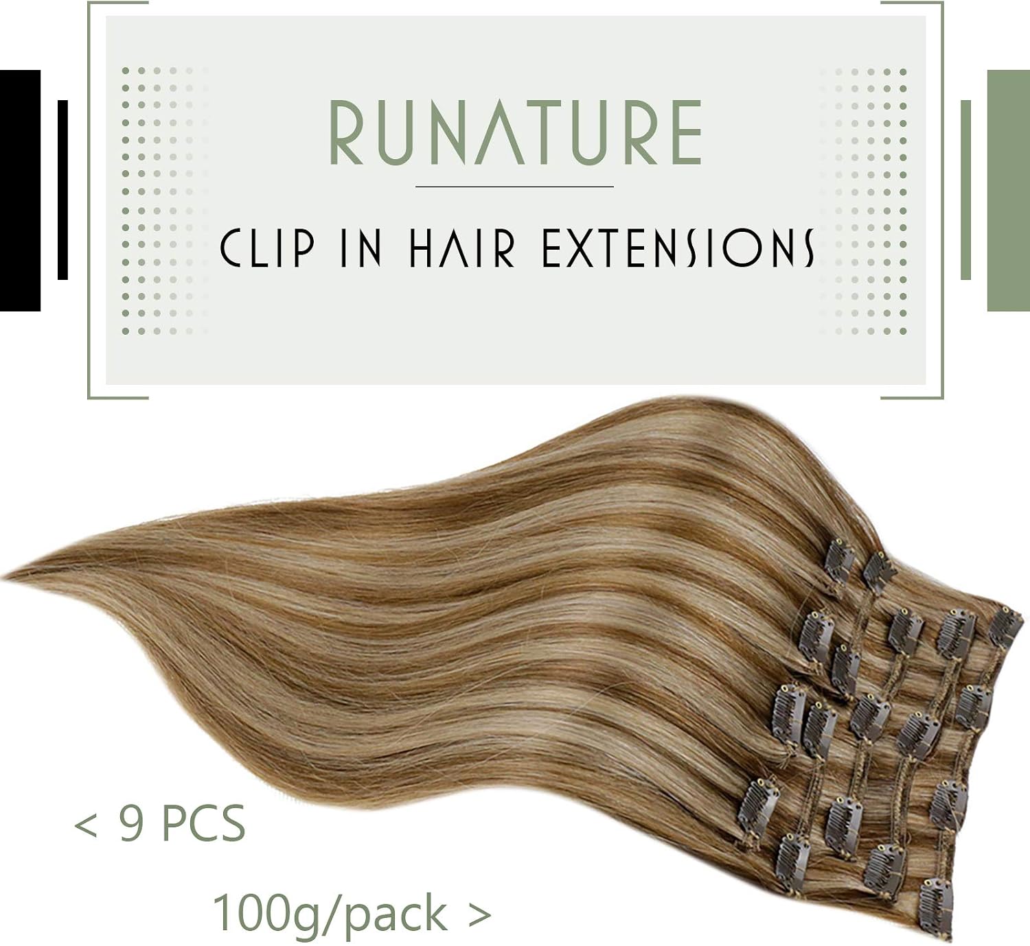 RUNATURE Clip in Hair Extensions Real Human Hair Brown Highlight Blonde Clip in Extensions Human Hair Brown Double Weft Clip in Human Hair Extensions 7pcs 18 Inch 120g - Image 3