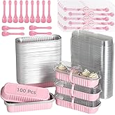 OMISTAR 100 Pcs Mini Cake Pans with Lids and Spoons Sealing Stickers，6.8oz Mini Loaf Pans with Lids, Disposable Mini Aluminum Foil Loaf Pans, Small Cake Containers With Lids