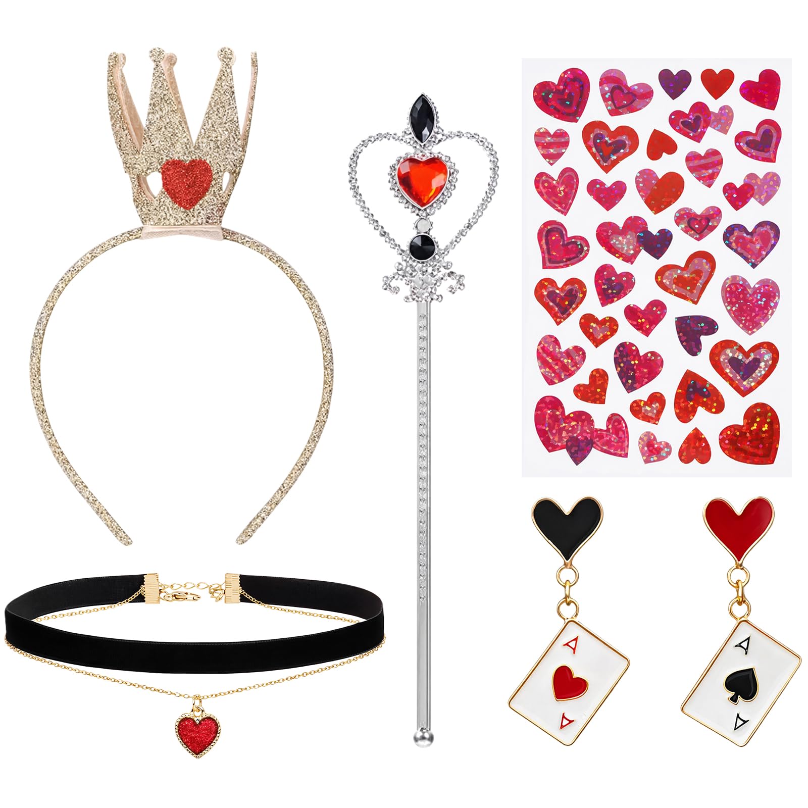 SSKHE 5 Pcs Queen of Hearts Accessories Sets,Queen Costume Accessories Crown Headband Heart Wand Stickers Red Heart Dangle Earrings and Necklace
