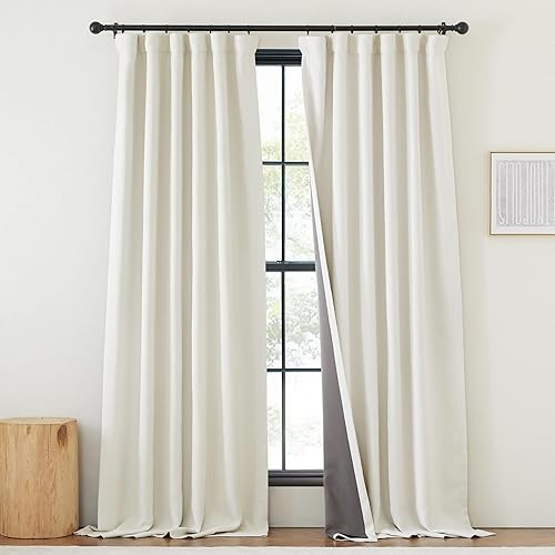 NICETOWN Natural Faux Linen 100% Blackout Curtain Single Panel 108 inch Long for Bedroom, W50 x L108, Rod Pocket/Back Tab/Hook Belt Linen Burlap Light Blocking Noise Dampening Drapes for Living Room