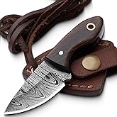 H.M Knives High Carbon Steel Fixed Blade Hunting Knife With Damascus Neck Knife, Survival With Leather Sheath Along, Ideal For Skinning, Camping, Outdoor, EDC, Gift For Men (Rosewood Damascus Neck)