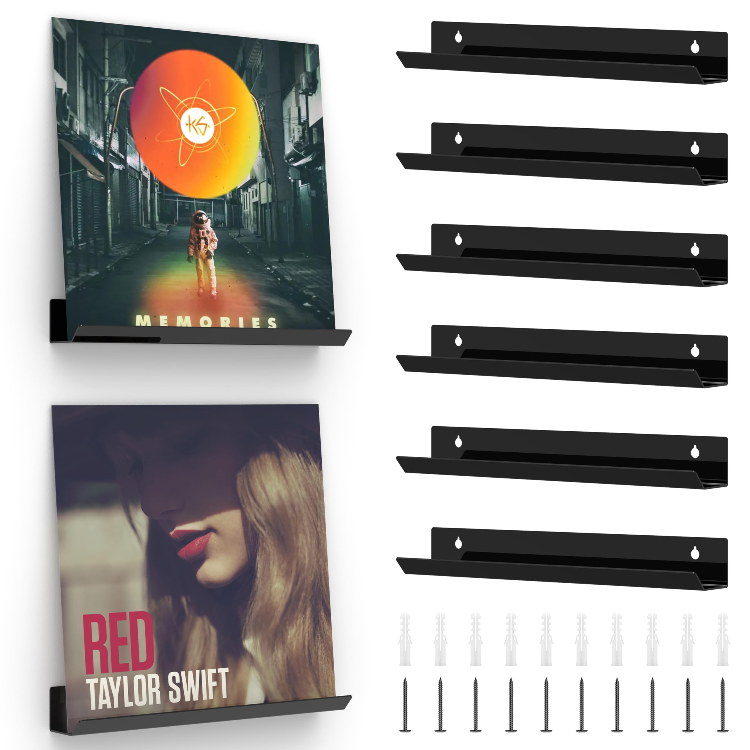 Photo 1 of MyLifeUNIT Vinyl Record Wall Mount, 12 Inch Black Acrylic Record Shelf, 6 Pack Vinyl Record Wall Display Holder for Daily LP Listening. 