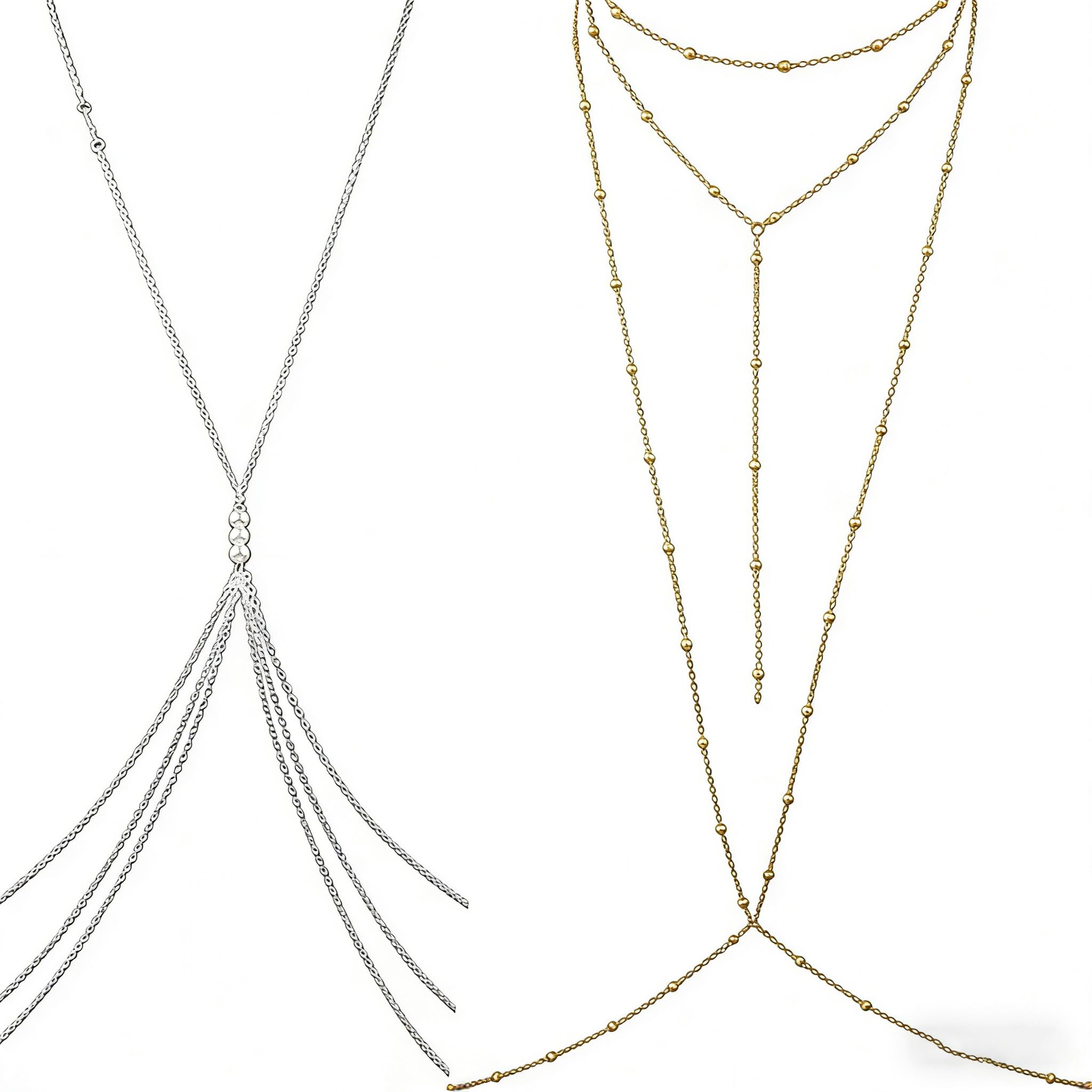 XUBX 2 Pcs Silver and Gold Body Chain, Sexy Belly Women Bikini Necklace Crossover, Long Chain Dainty Necklace Prom Women Festival Party Choker Sparkle Jewelry