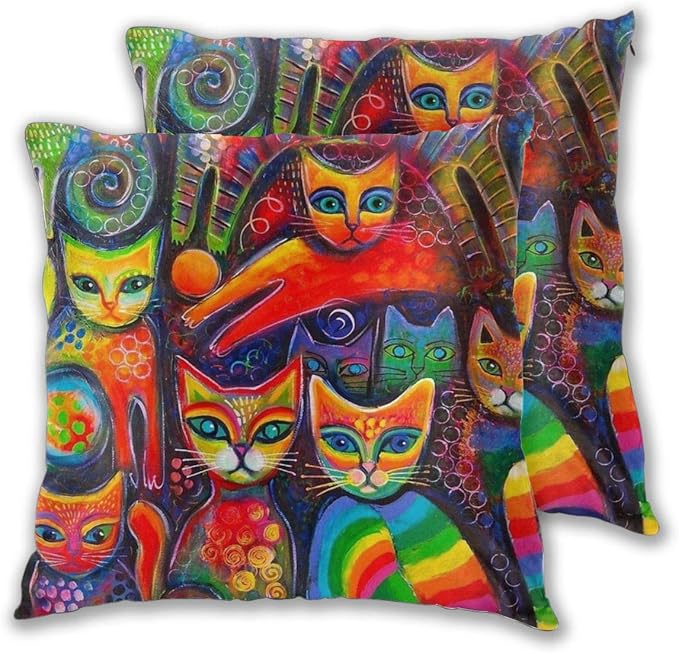 Fundas de cojín de poliéster suave, cuadradas, diseño de gato arcoíris