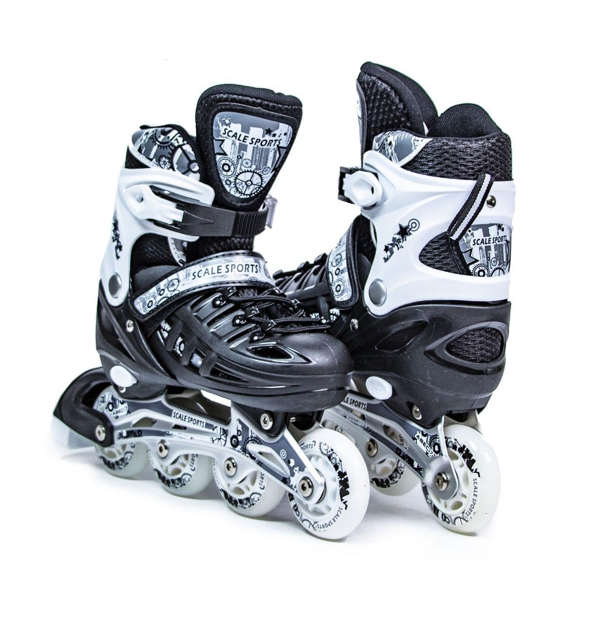 Scale Sports - Adjustuble Roller Skates with light up wheels for children and adults - Kids Inline Roller Skates (black-white, UK 5-7 (EU 38-41) L)