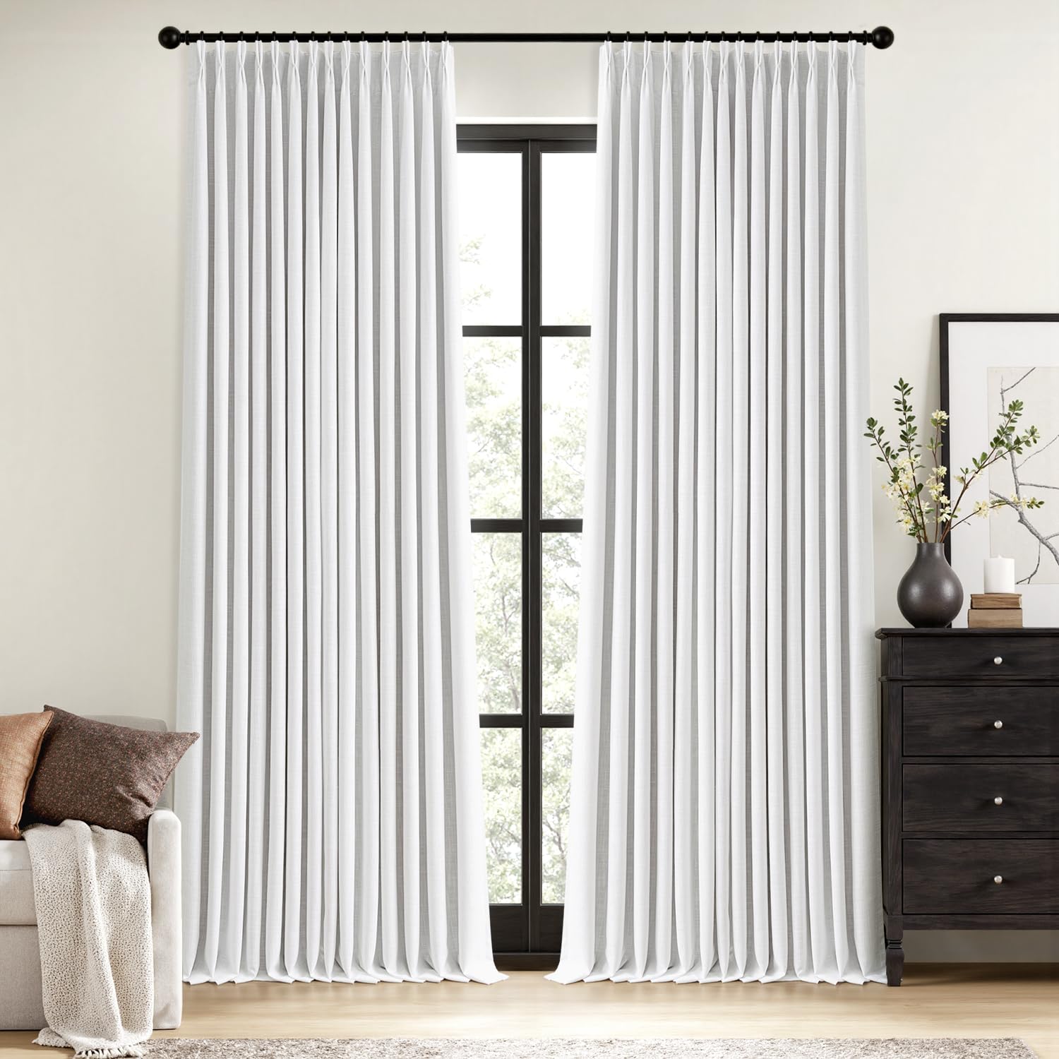 Photo 1 of ***MINOR STAINS*** MIULEE White Pinch Pleated 100% Blackout Linen Curtains 96 Inch Length 2 Panels Set, Black Out Memory Trained Pleat Curtains Light Blocking Room Darkening Drapes for Bedroom Living Room Window