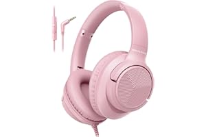 Botesty Sound Wired Headphones with Microphone, Over Ear 3.5mm Plug in Headphones with 4.9ft Tangle-Free Nylon Cord for Tablet, Laptop, MP3/4, School, Airplane Travel (Pink)