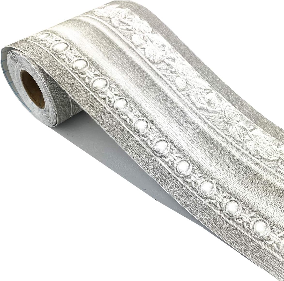 Mesoar 3D Grey Floral Wallpaper Border Wall Peel Stick Molding Border Home Ceiling Sticker for Bathroom Living Room Kitchen Wall 10cm by 16.4ft