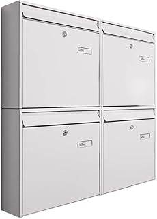 Burg-Wächter Briefkastenanlage 4 Fach | 72,4 x 64,4 x 10cm Stahl verzinkt weiß DIN A4 | Briefkasten Set mit Namensschild, 2 Schlüssel, Montagematerial