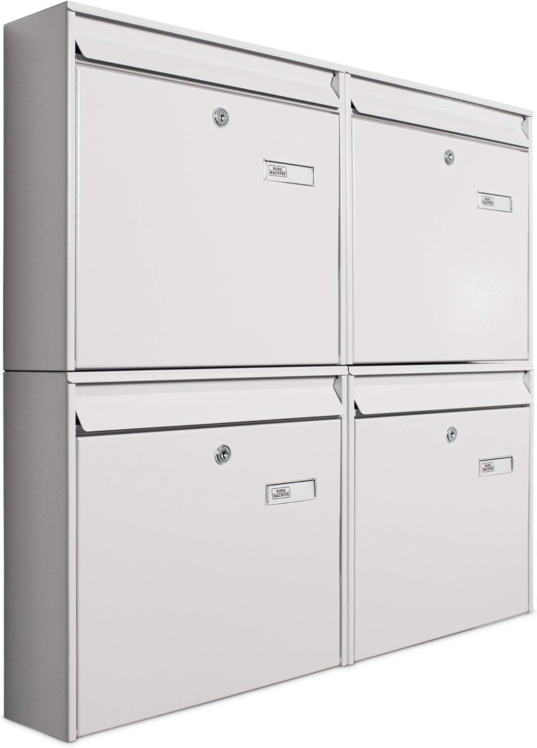 Burg-Wächter Briefkastenanlage 4 Fach | 72,4 x 64,4 x 10cm Stahl verzinkt weiß DIN A4 | Briefkasten Set mit Namensschild, 2 Schlüssel, Montagematerial