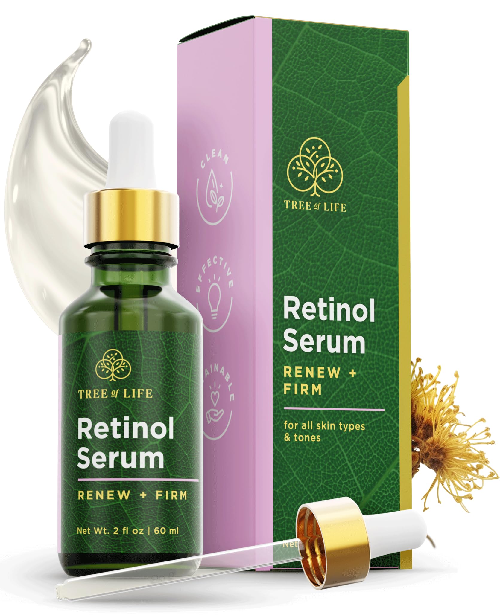 Tree of Life Beauty Retinol Serum, Skin Smoothing Face Oil for Dark and Age Spots and Fine Lines, Facial Serums for Dry and Sensitive Skin Care with Hyaluronic Acid for Soft Smooth Skin, 2 Fl Oz