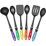 Vremi 6 pc Nonstick Cooking Utensils Set - BPA Free Nylon with Fun Colorful Silicone Handles Dishwasher Safe Kitchen Tools for Nonstick Cookware - Slotted Spatulas Stir Fry and Cooking Spoons - Black