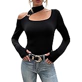 EWFKJ Women's One Shoulder Cutout Long Sleeve Y2K Tops Choker Neck Sexy Slim Fitted Fall Going Out T-Shirt Blouse
