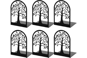 Happyhapi Book Ends, Metal Book Ends to Hold Books, Tree Decorative Bookends for Shelves, Black Book Stopper Bookend for Heavy Books, Book Holder for Shelf Home Office, 6.8 x 4.7 x 3.5(3 Pair/6 Pcs)