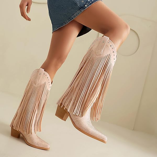 AIJIVOU WOMEN’S RHINESTONE FRINGE COWGIRL BOOTS, SPARKLY WESTERN COWBOY BOOTS POINTED TOE KNEE BLOCK CHUNKY MIDDLE HEEL PULL ON MID CALF BOOTS FOR WOMEN GIRL PARTY (PINK, 9 M US)