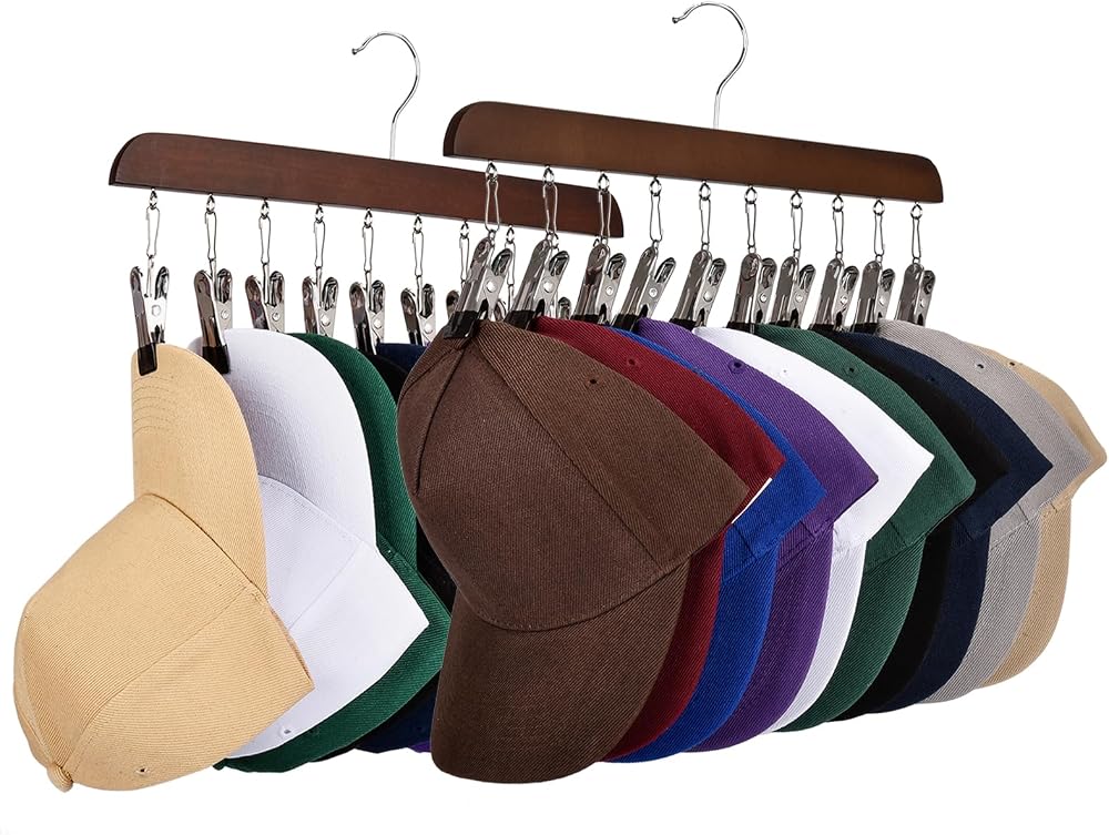 SANGLE SOPFFY 2PC Wooden Hat Rack Hanger 10 Clips Baseball Cap Organizer