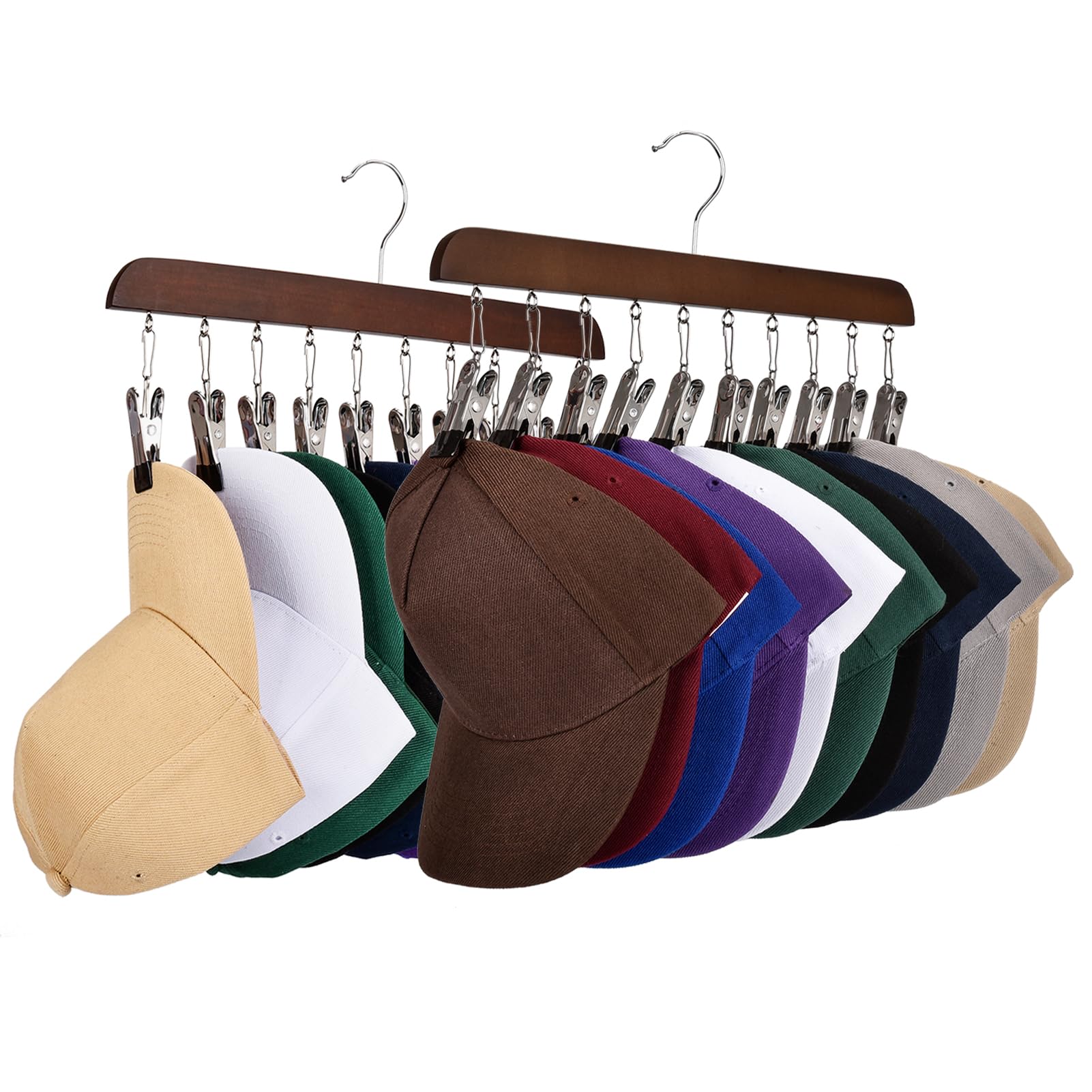 Hat Racks for Baseball Caps Sangle Sopffy 2PCS Wooden Hat Hanger With 10 Rubber-Coated Stainless Steel Clip,Hat Organizer for Hat Storage Organizer,Fit for All Caps,Clothing Accessories (Brown)