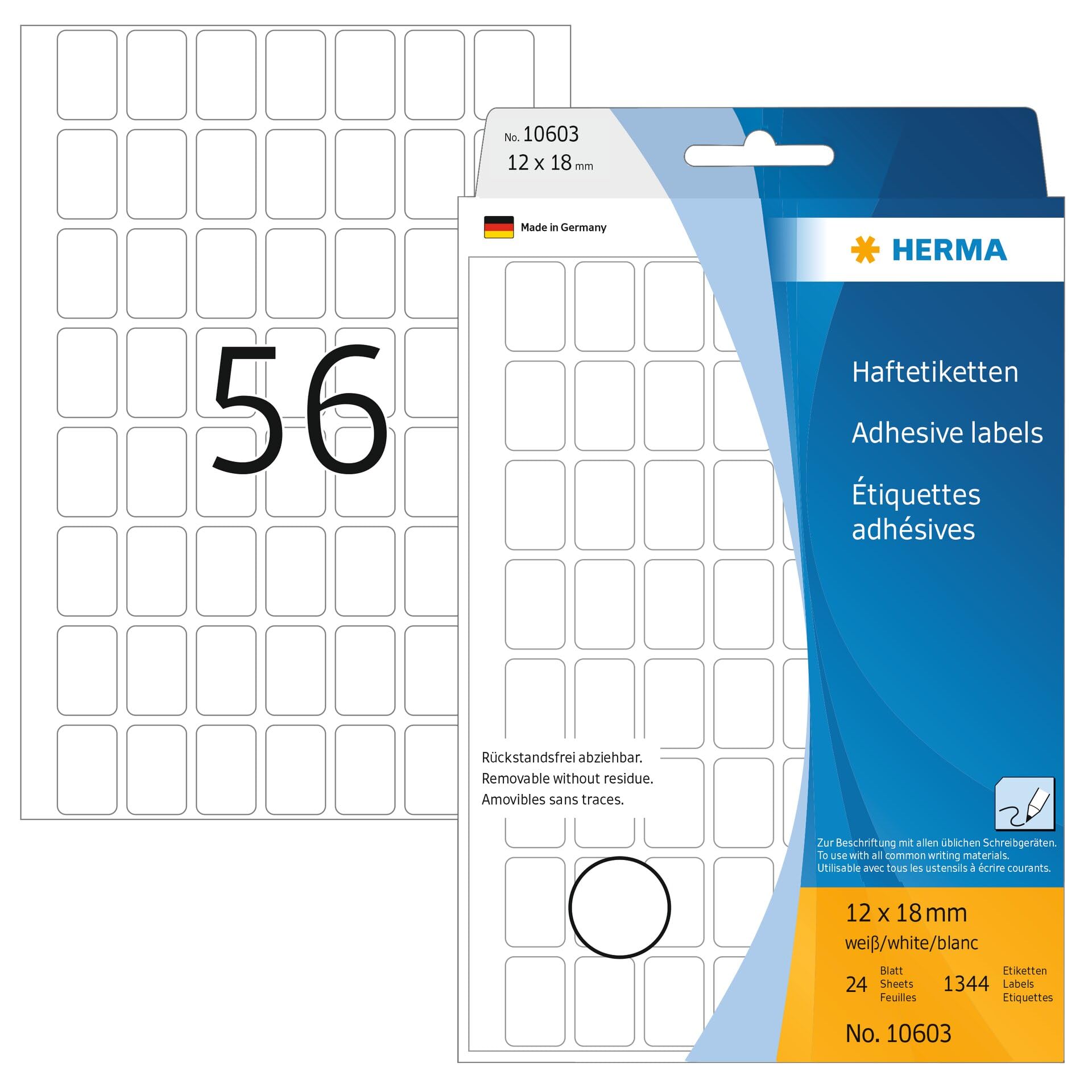 HERMA Removable Labels, 56 Labels per Sheet, 24 Sheets, 12 x 18 mm, 1344 Labels, Self Adhesive Mini Labels Stickers, Blank Sticky Multi Purpose Labels for Office Kitchen Home, White