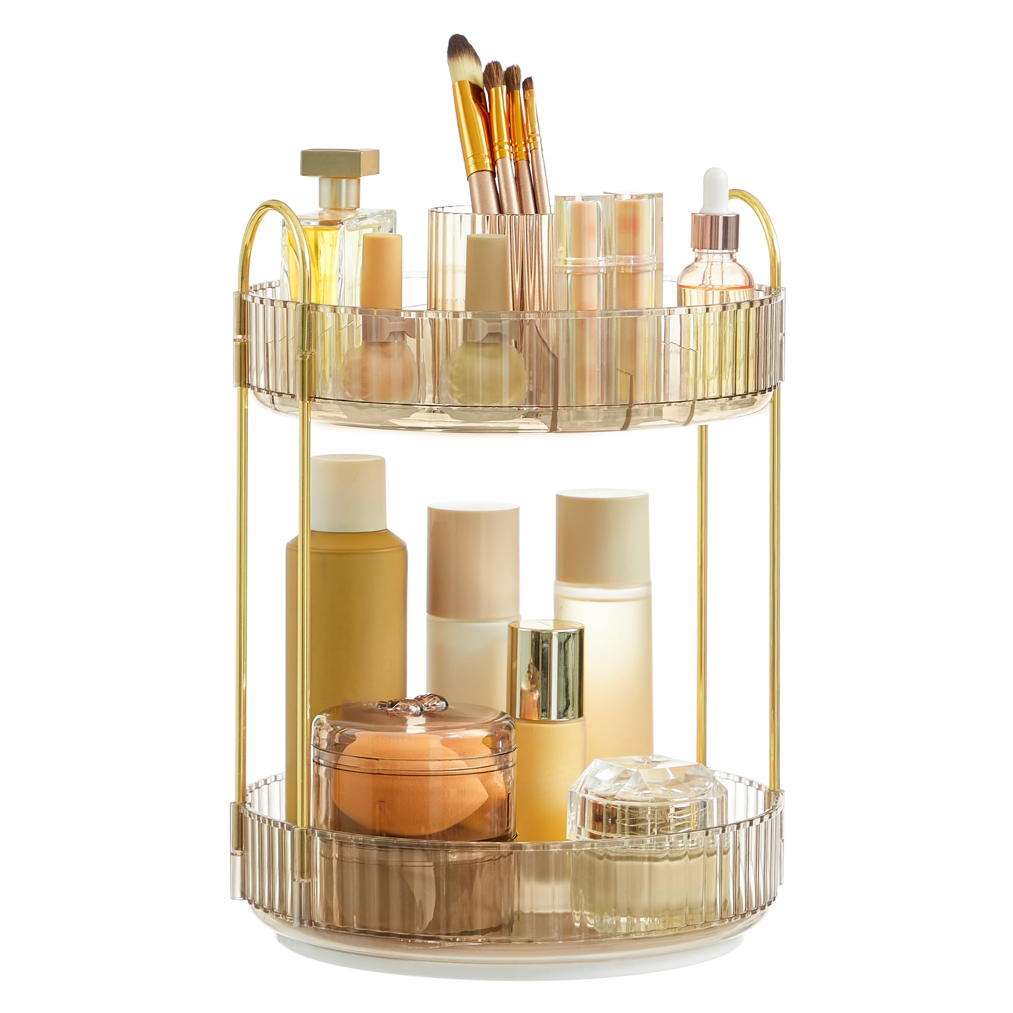 SONGMICS Makeup Organiser Rotating, 2-Tier Round Skincare Organiser, Customisable, Toiletries Cosmetics Organiser, Gift, Champagne Gold JKA012A01