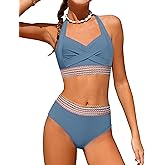 Girls Swimsuits Two Piece Bikini Set Criss Cross Halterneck Woven Contrast Trim Bathing Suits for 9-16Y