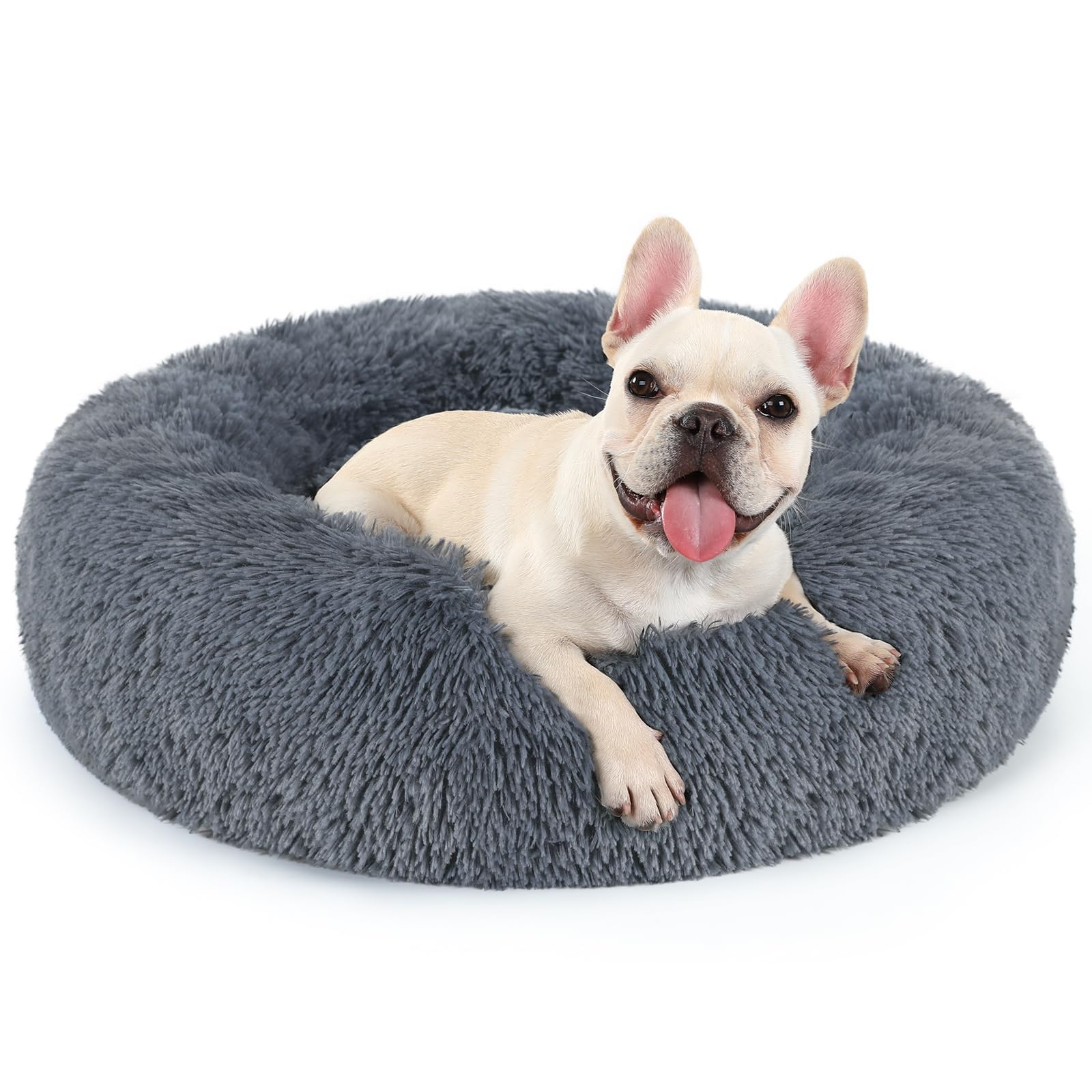 Photo 1 of rabbitgoo Dog Bed for Small, 24 inches Machine Washable, Fluffy Donut Pet Bed Anti-Slip, Calming Soft Plush Round Cushion, Fits up to 18 lbs Pets, Dark Grey
