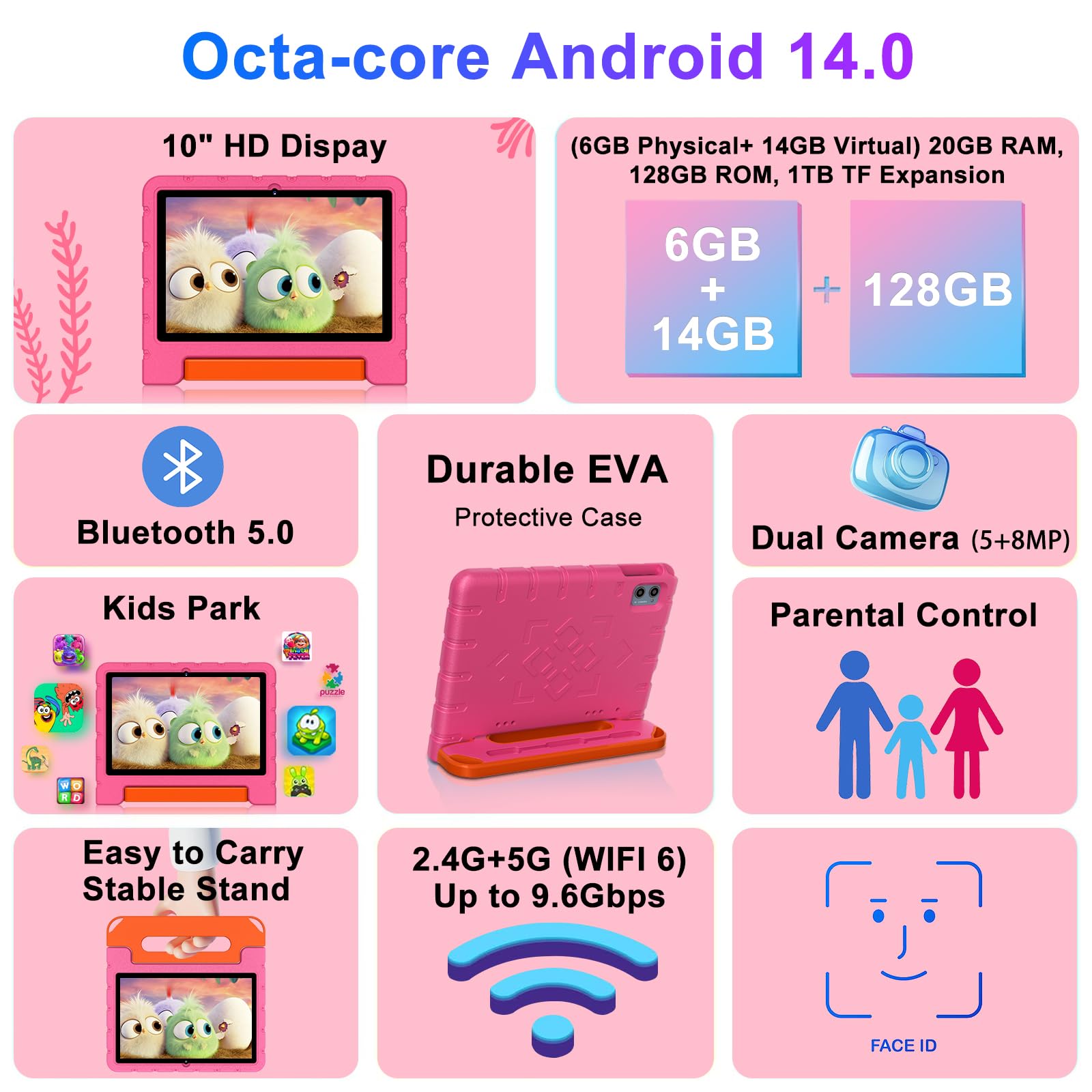2025 Kids Tablet 10 inch Android 14 Tablets for Kid Octa-Core, 20GB+128GB (TF 1TB), Toddler Tablet with Shockproof Case, 2.4G+5G WiFi 6, Parental Control, Face Unlocked, Split Screen, BT5.0 (Rose Red)
