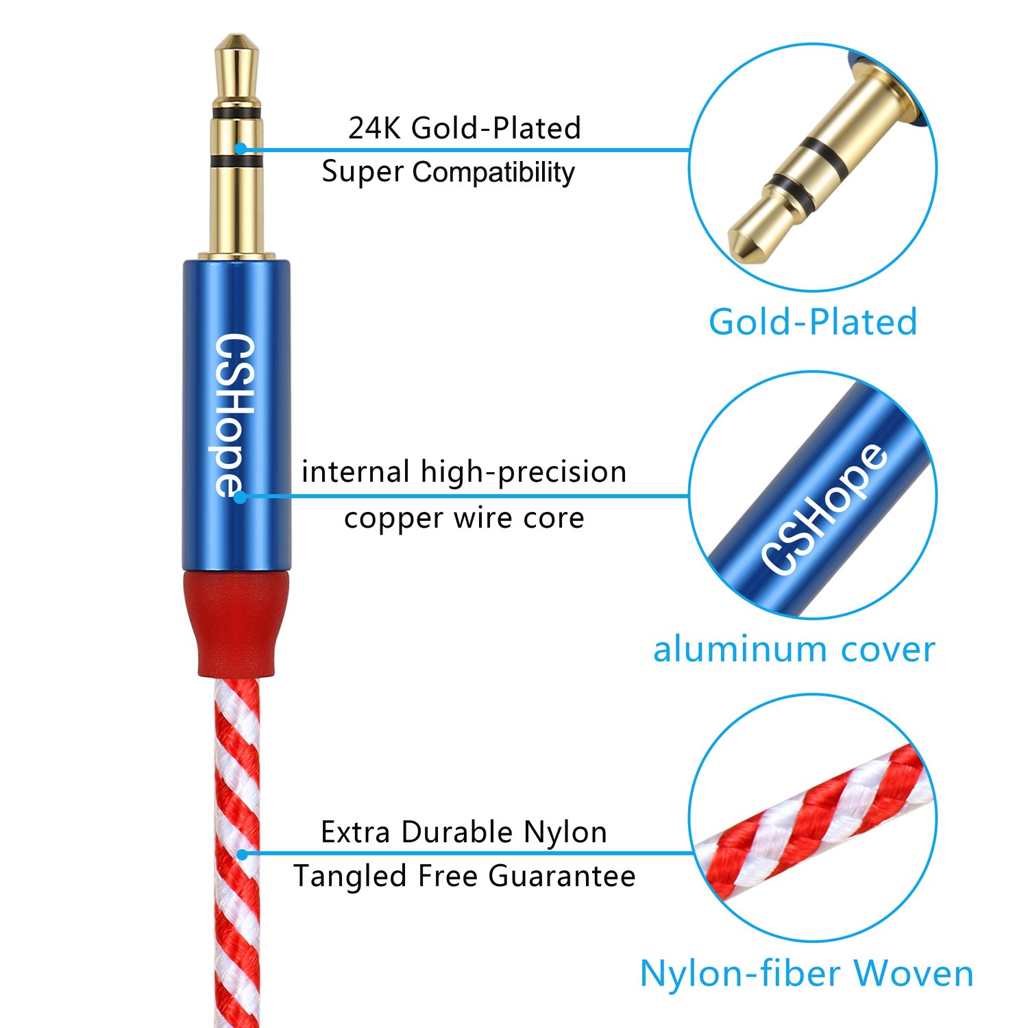 Stereo Cable CSHope 2Pack 3.5mm to 3.5mm Male Jack Nylon Braided Aux Audio Cable with US Flag Color Design (10ft + 3.3ft)