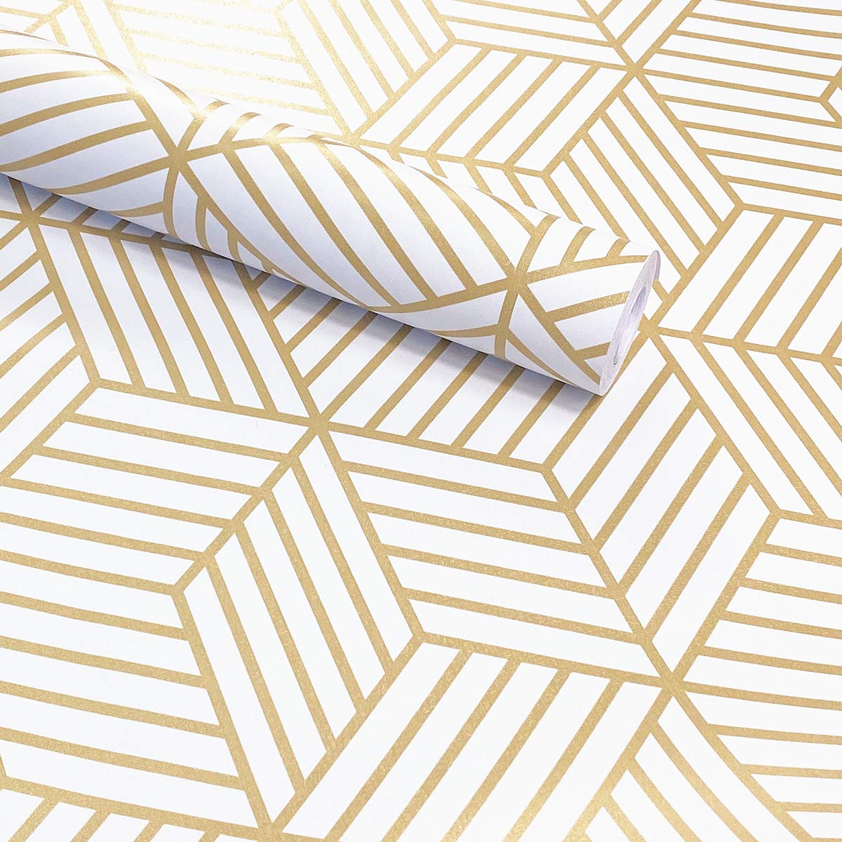 Adhesive Geometry Paper Peel Stick Gold Strip Wallpaper Drawer Dresser Shelf Liner 17.7inch by 9.8ft